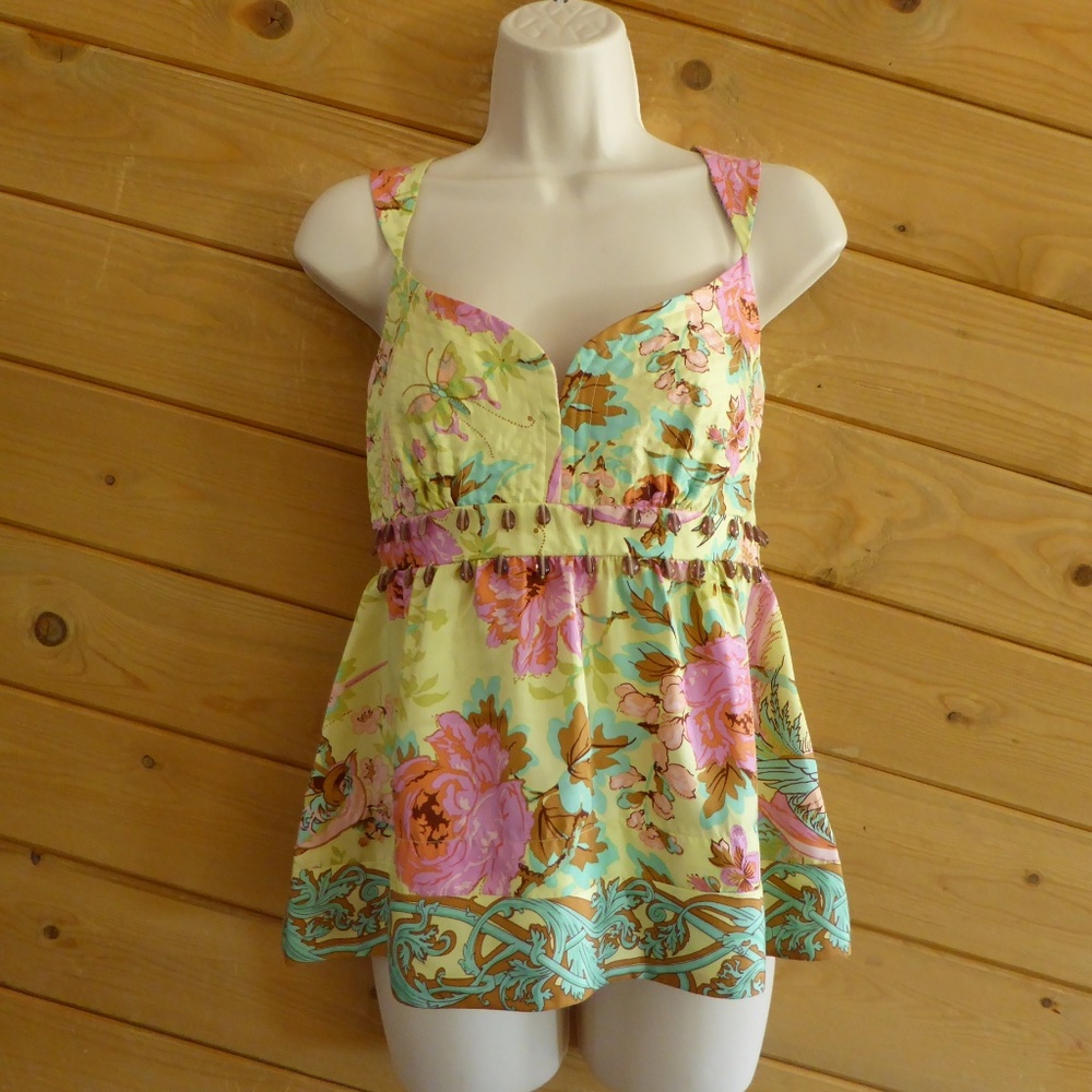Plenty Tracy Reece Anthropologie Yellow Floral Beaded Silk Cami Sleeveless Top 6